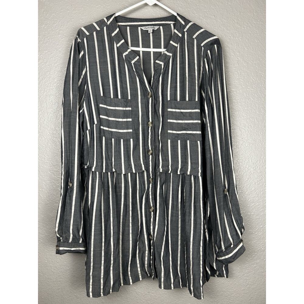 John Mark Gray White Stripe Tunic Roll Tab Sleeve Flowy Lightweight Size Large